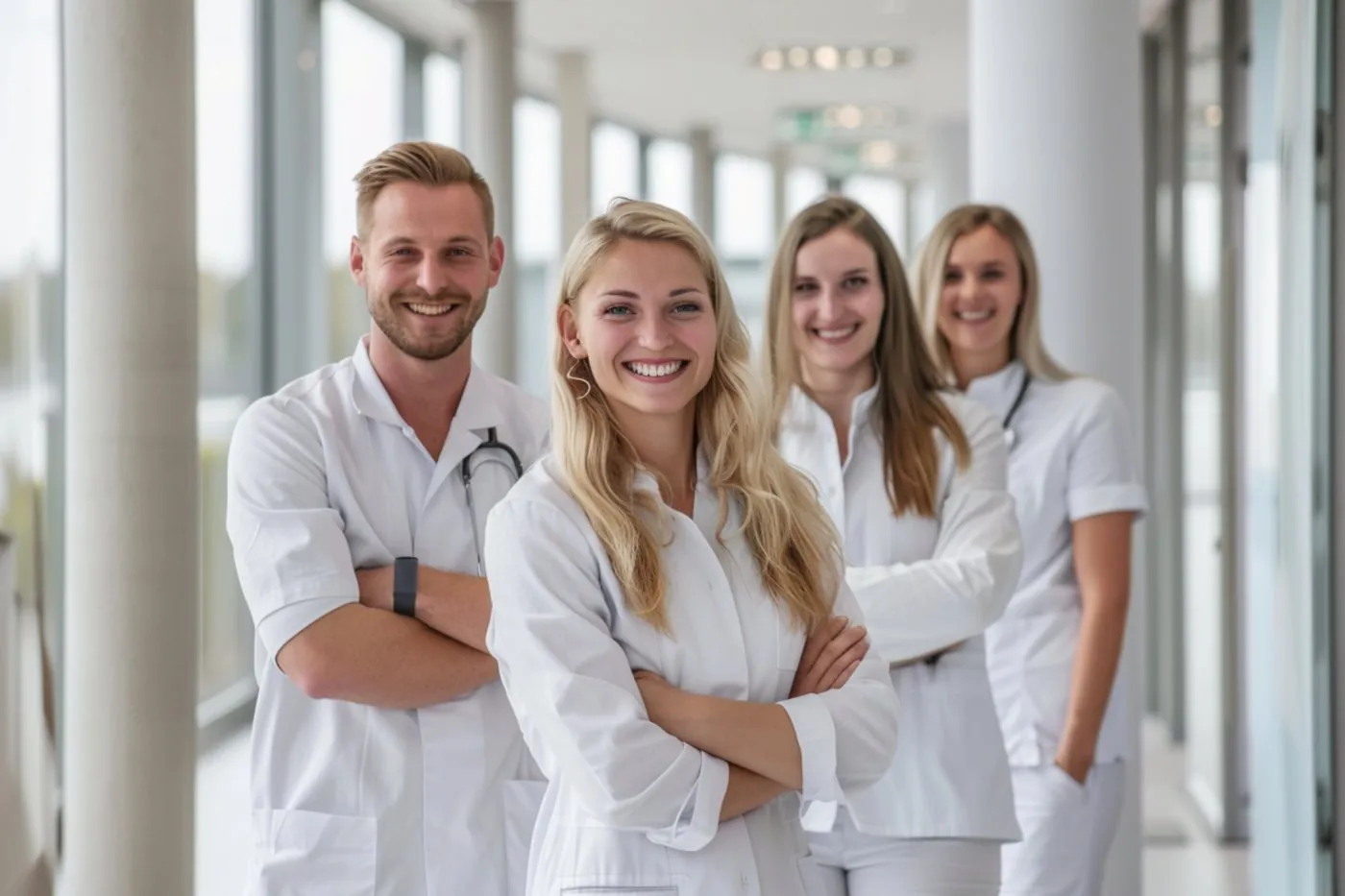 Ein Klinikteam in weißen Kitteln, lächelnd