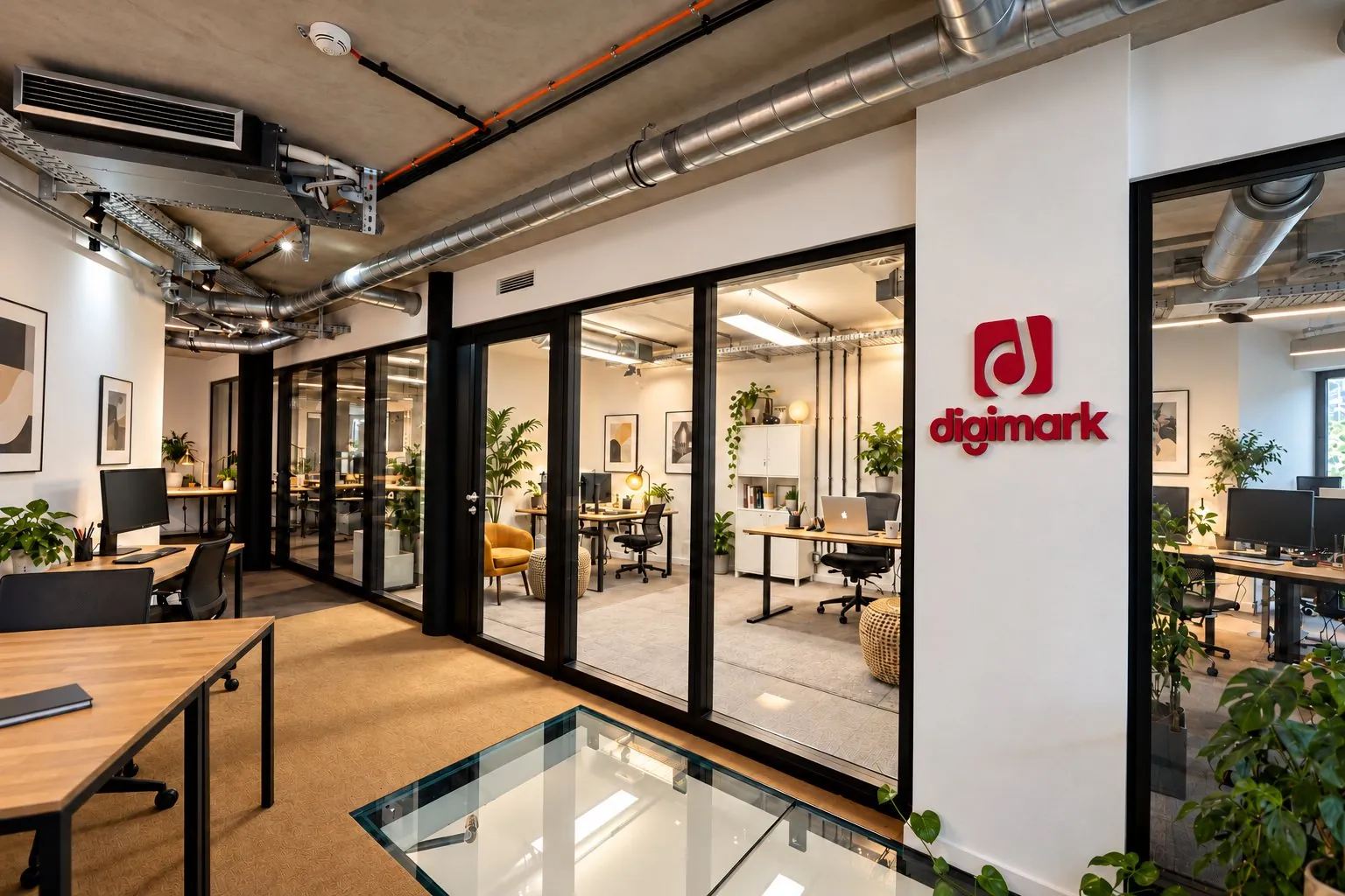 Das PraxisPush-Büro in Berlin mit dem Digimark-Logo an der Wand